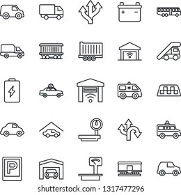 Thin Line Icon Set - taxi vector, airport bus, parking, alarm car, ladder, ambulance, route, railroad, truck trailer, delivery, heavy scales, garage, gate control, battery