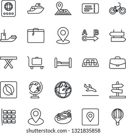 Thin Line Icon Set - taxi vector, arrival, suitcase, baggage trolley, signpost, ticket, passport, globe, seat map, case, picnic table, bike, navigation, pin, sea shipping, route, place tag, compass
