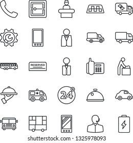 Thin Line Icon Set - taxi vector, airport bus, 24 around, baby room, reception, ambulance car, office phone, delivery, consolidated cargo, mobile, call, scanner, root setup, support, moving, waiter