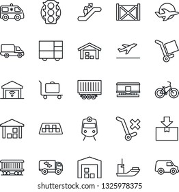 Thin Line Icon Set - taxi vector, departure, baggage trolley, train, escalator, ambulance car, bike, railroad, plane, traffic light, sea shipping, truck trailer, delivery, container, no, warehouse