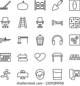 Thin Line Icon Set - taxi vector, barrier, signpost, male, bed, boarding, luggage storage, trowel, rake, ladder, pumpkin, garden light, run, shield, headphones, heart, cut, calendar, office chair