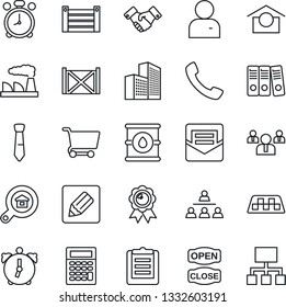 Thin Line Icon Set - taxi vector, alarm clock, handshake, team, medal, factory, container, clipboard, warehouse storage, oil barrel, call, user, mail, notes, office building, paper binder, tie, cart