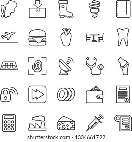 Thin Line Icon Set - taxi vector, departure, cafe, notepad, factory, boot, stethoscope, syringe, real heart, tooth, joint, package, satellite antenna, fast forward, calculator, contract, plates