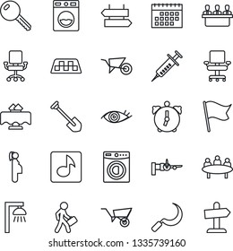 Thin Line Icon Set - taxi vector, signpost, boarding, meeting, job, wheelbarrow, sickle, syringe, eye, pregnancy, alarm, music, calendar, office chair, manager, key, washer, restaurant table, flag