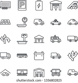 Thin Line Icon Set - taxi vector, airport bus, parking, alarm car, ladder, ambulance, route, truck trailer, delivery, heavy scales, railroad, garage, gate control, battery