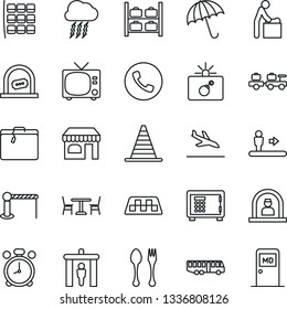 Thin Line Icon Set - taxi vector, arrival, suitcase, airport bus, barrier, spoon and fork, cafe, security gate, umbrella, escalator, alarm clock, phone, tv, bomb in case, baby room, reception, shop