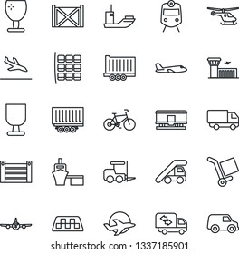 Thin Line Icon Set - taxi vector, arrival, train, fork loader, ladder car, plane, helicopter, seat map, airport building, bike, sea shipping, truck trailer, delivery, port, container, fragile, cargo