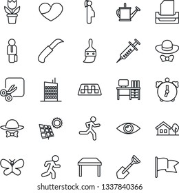 Thin Line Icon Set - taxi vector, desk, flower in pot, shovel, watering can, butterfly, garden knife, syringe, run, eye, pregnancy, heart, themes, alarm, cut, paper tray, manager, house with tree