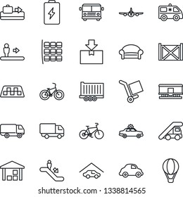 Thin Line Icon Set - taxi vector, baggage conveyor, airport bus, escalator, waiting area, alarm car, ladder, plane, seat map, ambulance, bike, truck trailer, delivery, container, cargo, warehouse