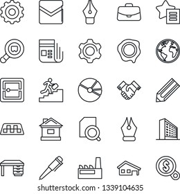 Thin Line Icon Set - taxi vector, gear, office building, case, desk, pen, pencil, stamp, house, earth, search cargo, news, favorites list, settings, mail, scanner, pie graph, document, ink, factory