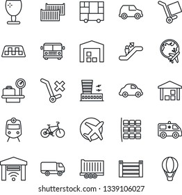 Thin Line Icon Set - taxi vector, airport bus, train, escalator, seat map, luggage scales, plane globe, building, ambulance car, bike, truck trailer, cargo container, delivery, consolidated, fragile