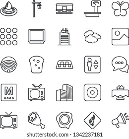 Thin Line Icon Set - taxi vector, elevator, tv, clouds, stamp, butterfly, garden light, heavy scales, railroad, dialog, rec button, menu, gallery, office building, wireless, city house, bread, ham