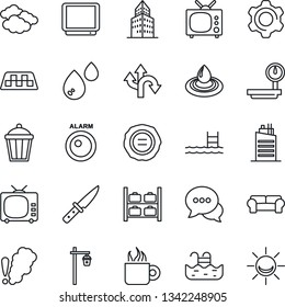 Thin Line Icon Set - taxi vector, clouds, luggage storage, stamp, garden light, route, heavy scales, tv, dialog, settings, office building, pool, cushioned furniture, city house, coffee, knife