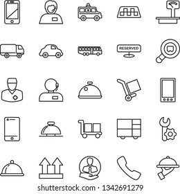 Thin Line Icon Set - taxi vector, airport bus, reception bell, ambulance car, doctor, support, client, delivery, consolidated cargo, up side sign, heavy scales, search, cell phone, mobile, call