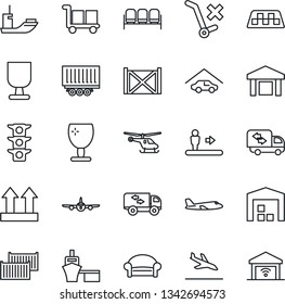 Thin Line Icon Set - taxi vector, arrival, escalator, waiting area, plane, helicopter, traffic light, sea shipping, truck trailer, cargo container, port, fragile, up side sign, no trolley, warehouse