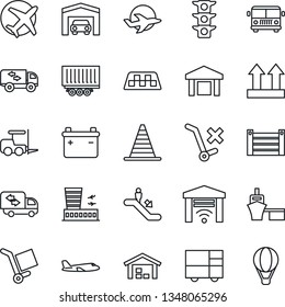 Thin Line Icon Set - taxi vector, airport bus, escalator, fork loader, border cone, plane, building, traffic light, truck trailer, sea port, container, consolidated cargo, up side sign, no trolley
