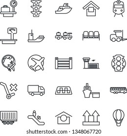 Thin Line Icon Set - taxi vector, airport bus, train, escalator, waiting area, fork loader, baggage larry, luggage scales, plane globe, building, traffic light, sea shipping, truck trailer, port