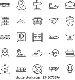 Thin Line Icon Set - taxi vector, airport bus, signpost, passport, baggage larry, plane, seat map, luggage storage, case, picnic table, navigation, pin, sea shipping, mountains, paper, guidepost