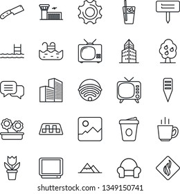 Thin Line Icon Set - taxi vector, airport building, coffee, flower in pot, plant label, tv, dialog, gallery, settings, office, pool, fruit tree, mountains, cushioned furniture, wireless, phyto bar