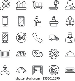 Thin Line Icon Set - taxi vector, 24 around, baby room, reception, mobile phone, doctor, hours, client, cargo container, car delivery, up side sign, heavy scales, search, call, scanner, root setup