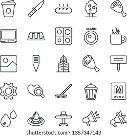 Thin Line Icon Set - taxi vector, coffee, rake, plant label, garden light, heart diagnostic, tv, gallery, settings, application, office building, fruit tree, restaurant table, menu, bread, ham