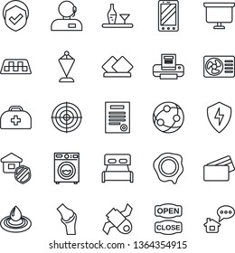 Thin Line Icon Set - taxi vector, mobile phone, pennant, presentation board, stamp, doctor case, joint, satellite, shield, network, protect, support, target, printer, contract, bedroom, washer