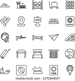 Thin Line Icon Set - taxi vector, suitcase, baggage trolley, signpost, passport, bed, ladder car, boarding, seat map, flight table, luggage storage, plane globe, airport building, route, place tag