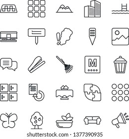 Thin Line Icon Set - taxi vector, checkroom, document reload, rake, butterfly, plant label, garden light, railroad, dialog, menu, gallery, application, office building, stapler, pool, fruit tree