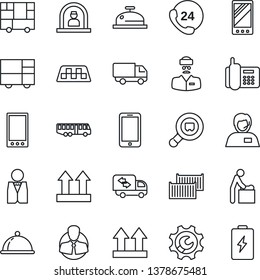 Thin Line Icon Set - taxi vector, airport bus, baby room, reception, mobile phone, doctor, office, 24 hours, support, client, cargo container, car delivery, consolidated, up side sign, search, dish