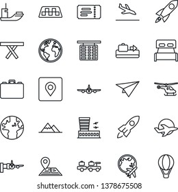 Thin Line Icon Set - taxi vector, arrival, baggage conveyor, ticket, larry, plane, boarding, helicopter, flight table, globe, airport building, case, picnic, navigation, earth, sea shipping, bedroom