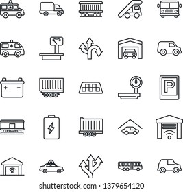 Thin Line Icon Set - taxi vector, airport bus, parking, alarm car, ladder, ambulance, route, railroad, truck trailer, delivery, heavy scales, garage, gate control, battery