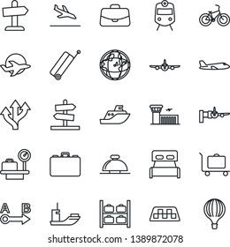 Thin Line Icon Set - taxi vector, suitcase, arrival, baggage trolley, train, reception bell, plane, boarding, luggage storage, scales, airport building, case, bike, route, sea shipping, bedroom