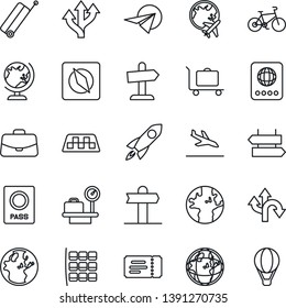 Thin Line Icon Set - taxi vector, suitcase, arrival, baggage trolley, signpost, ticket, passport, globe, seat map, luggage scales, plane, case, bike, route, earth, compass, rocket, paper, guidepost