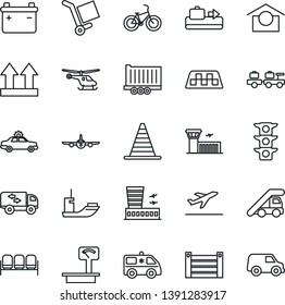 Thin Line Icon Set - taxi vector, departure, baggage conveyor, waiting area, alarm car, larry, ladder, border cone, plane, helicopter, airport building, ambulance, bike, traffic light, sea shipping