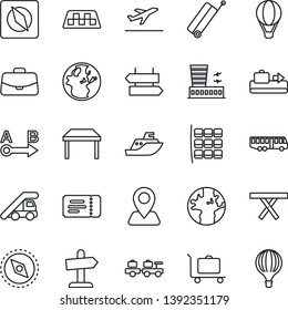 Thin Line Icon Set - taxi vector, suitcase, departure, baggage conveyor, trolley, airport bus, signpost, ticket, larry, ladder car, seat map, building, case, picnic table, navigation, earth, route