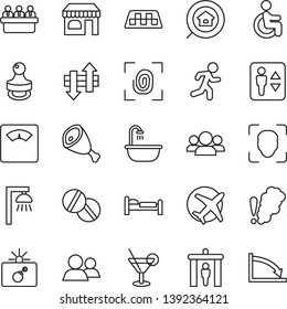 Thin Line Icon Set - taxi vector, security gate, elevator, bomb in case, shop, bed, meeting, scales, pills, run, disabled, plane, group, data exchange, face id, stamp, estate search, bathroom, ham