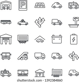 Thin Line Icon Set - taxi vector, airport bus, parking, alarm car, ladder, ambulance, route, truck trailer, delivery, heavy scales, railroad, garage, gate control, battery