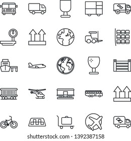 Thin Line Icon Set - taxi vector, baggage trolley, airport bus, fork loader, plane, helicopter, seat map, bike, earth, railroad, car delivery, sea port, container, consolidated cargo, fragile