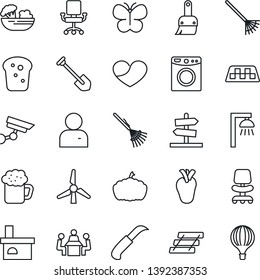 Thin Line Icon Set - taxi vector, office chair, job, rake, butterfly, garden knife, pumpkin, fireplace, real heart, themes, user, meeting, paper tray, windmill, beer, salad, bread, washer, guidepost