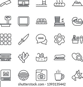 Thin Line Icon Set - taxi vector, passport control, airport building, heart diagnostic, route, railroad, heavy scales, tv, dialog, menu, settings, photo gallery, stapler, pool, mountains, wireless