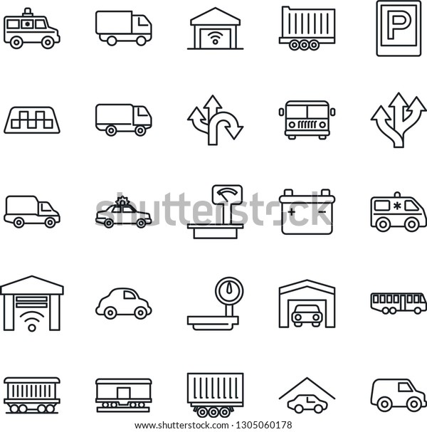 Thin Line Icon Set - taxi\
vector, airport bus, parking, alarm car, ambulance, route,\
railroad, truck trailer, delivery, heavy scales, garage, gate\
control, battery