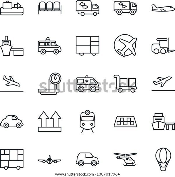 Thin
Line Icon Set - taxi vector, departure, arrival, baggage conveyor,
train, waiting area, fork loader, plane, helicopter, ambulance car,
delivery, sea port, consolidated cargo, up side
sign