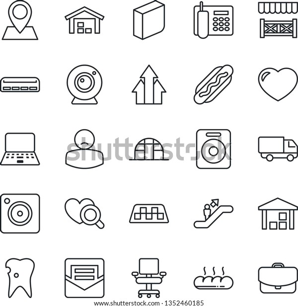 Thin Line Icon Set - taxi vector, escalator, notebook\
pc, greenhouse, heart diagnostic, caries, patient, pin, car\
delivery, warehouse, speaker, mobile camera, mail, office phone,\
chair, blank box