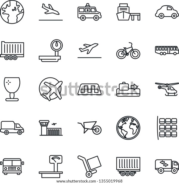 Thin Line Icon Set - taxi vector, departure,\
arrival, baggage conveyor, airport bus, helicopter, seat map,\
building, wheelbarrow, ambulance car, bike, earth, plane, truck\
trailer, delivery, sea\
port