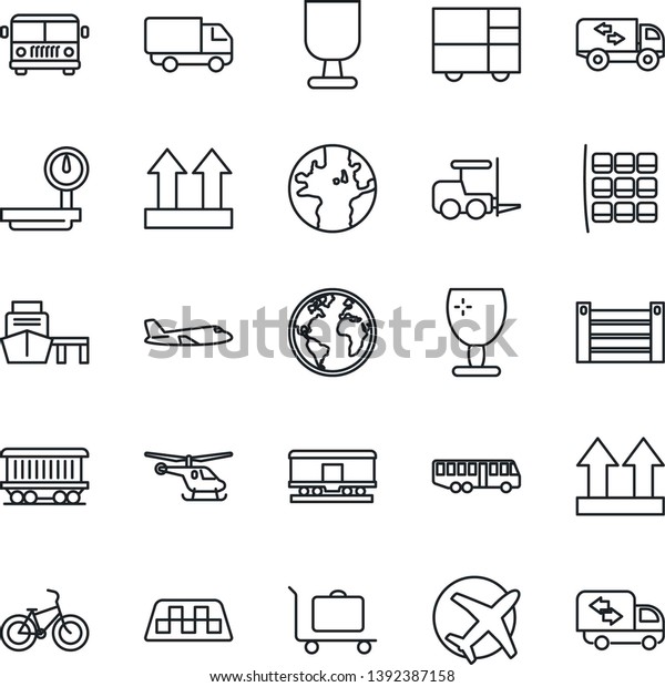 Thin Line Icon Set - taxi vector, baggage
trolley, airport bus, fork loader, plane, helicopter, seat map,
bike, earth, railroad, car delivery, sea port, container,
consolidated cargo,
fragile