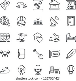 Thin Line Icon Set - team vector, job, thermometer, hospital bed, heart hand, route, client, sea shipping, satellite antenna, stopwatch, cut, office phone, chair, paper binder, house, fruit tree