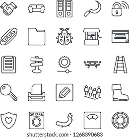 Thin Line Icon Set - team vector, office binder, ladder, boot, lady bug, well, sickle, caterpillar, picnic table, scales, heart shield, signpost, clipboard, folder, notes, brightness, paper tray