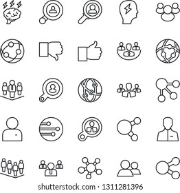 Thin Line Icon Set - team vector, brainstorm, network, share, group, finger up, down, user, company, client search, consumer, social media