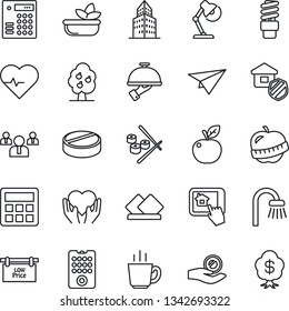 Thin Line Icon Set - team vector, heart pulse, pills, hand, diet, calculator, office building, desk lamp, fruit tree, low price signboard, bathroom, estate insurance, coffee, salad, waiter, sushi