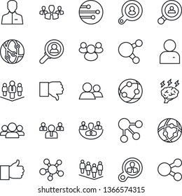Thin Line Icon Set - team vector, brainstorm, network, share, group, finger up, down, user, company, client search, consumer, social media